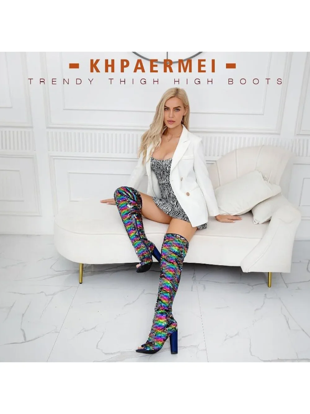 Women's Color Chunky High Heels Open Toe Sequin Over The Knee Thigh High Boots